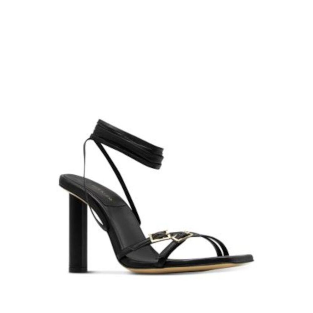 ILIO SMERALDO Womens Black Ankle Wrap Ties Leather Heeled Sandal 37